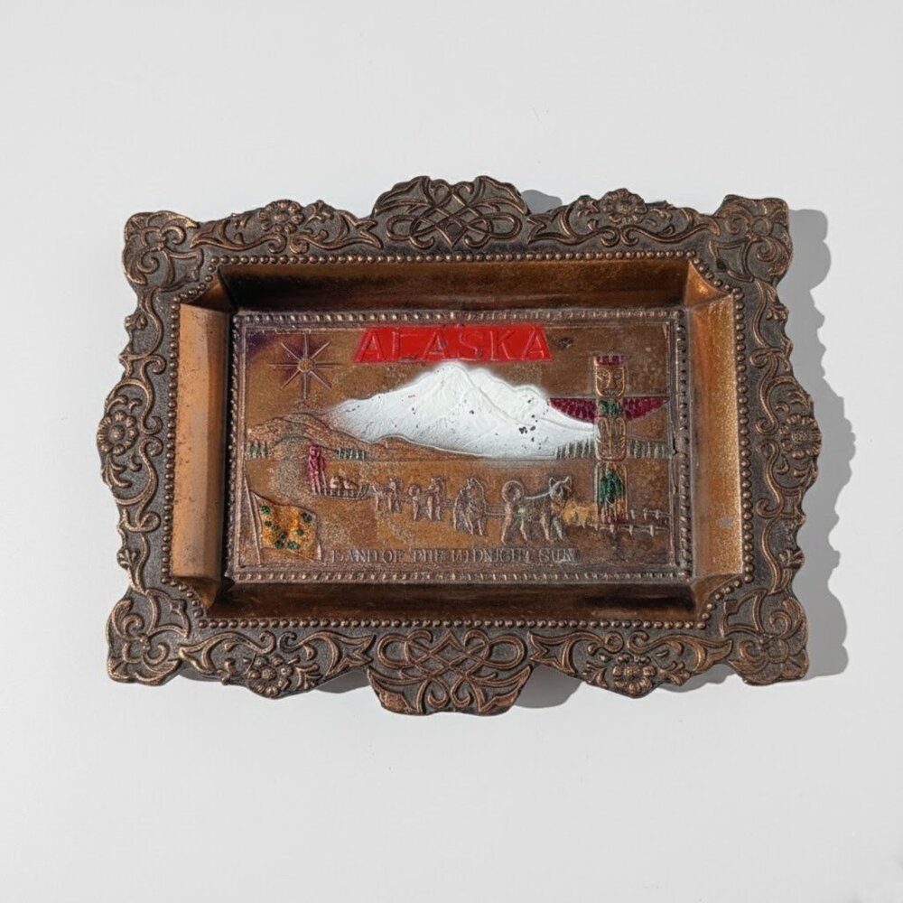 Vintage Alaska Souvenir Copper Trinket Soap Dish Ash Tray Dog Sled Totem Pole